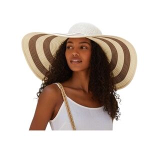 Jaclyn Smith Wide Brim Cream Taupe Striped Floppy Hat OSFM